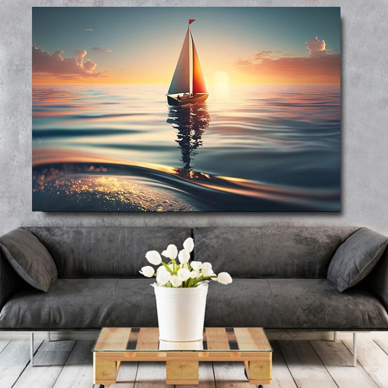 Sailing and Sunset HD Pictures Posters Prints Sailboat Surreal Ocean Birds Landscape Canvas Painting Wall Art Living Room Decor