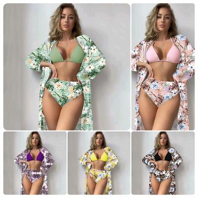 Conjunto de Bikini de Cintura Alta Europeo y Americano con Cubre-traje Estampado de Manga Larga