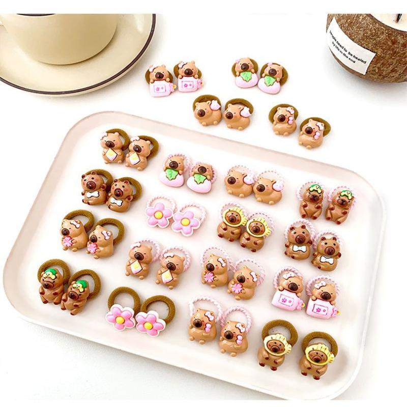 10Pcs Cute Capybara Hair Rope High Elasticity Twist Leather Band Cartoon Capybara Hanging Beads Headband Hair Accessories