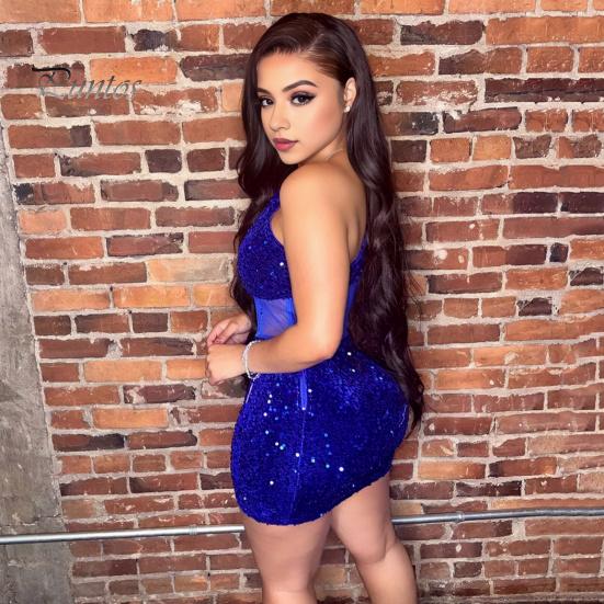 One Shoulder Mini Dress Women Shiny Sequin See-through Mesh Patchwork Slant Neck Sleeveless Cocktail Party Short Backless Sheath Slim Fit Club