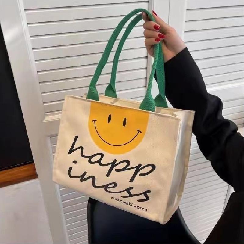 

Happy Face Print Tote Bag Fashion Canvas Shoulder Bag Large Capacity Handbag For School Travel Shopping Premium 31x25x10cm