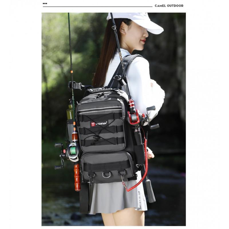 Zaino da Pesca Multiscomparto Borsa a Spalla Singola a Tracolla Porta Canne Nylon Impermeabile Attrezzatura