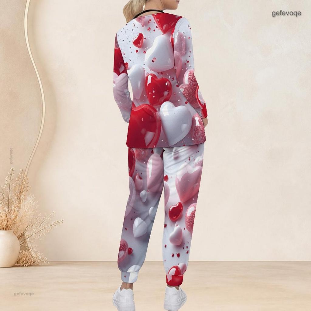 Women Plus Size Black Pink Heart Printed Nurse Scrub Set V Neck Long Sleeve Top With Pocket Long Pants