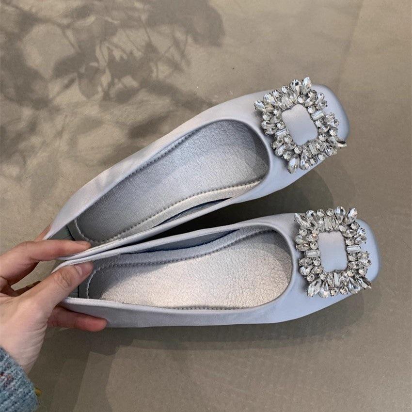 Gentle Single Shoes New Temperament Square Buckle Rhinestone Shallow Mouth Flat Bottom Commuter Floating Shoes