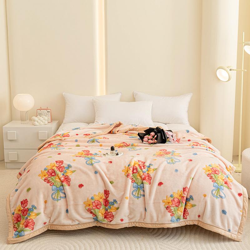 High Quality Warm Floral Printed Blanket Cozy Double-Layer Thick Sofa Blanket for Home Flannel Bed Sheets for Autumn and Winter