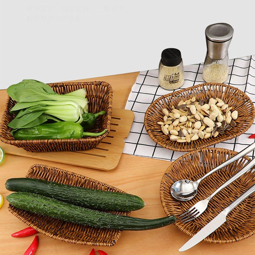 1Pcs Breakfast Bread Food Storage Tray Round Rectangular Shape Plastic Rattan Threads Basket