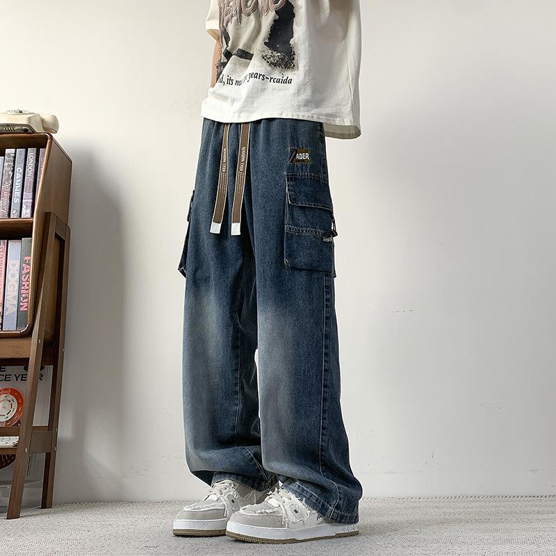 

Летние мужские прямые джинсы с множеством карманов, широкие джинсовые брюки-карго, большие размеры, легкие мешковатые джинсы S синий