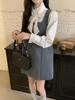 Women's Gray Square Neck Suspender Dress - Sweet or Salty Style, Autumn/Winter 2023, Loose Slim Fit, Layered Short Skirt.