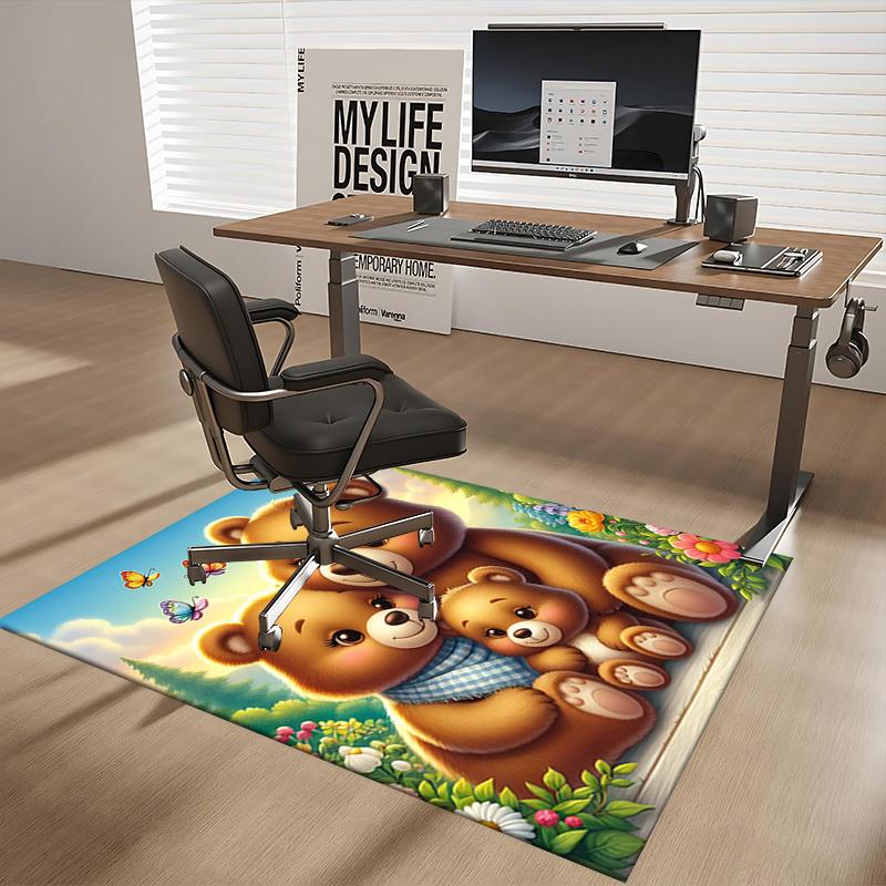 1pc Anime Cartoon Design Office Chair Mat - Cute Bear Family with Butterflies and Flowers, Suitable for Home Decor, Living Room, Bedroom, Game Room, N