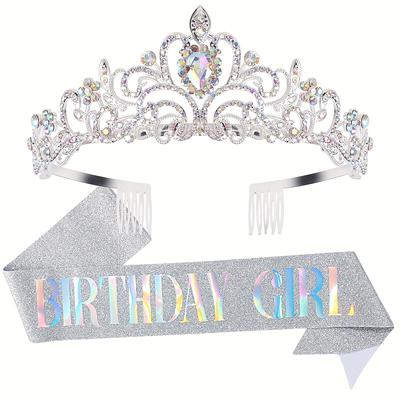 Kit de Decoración de Fiesta de Cumpleaños para Niña Reina con Corona de Pedrería y Cristal, Banda y Corona para Mujer