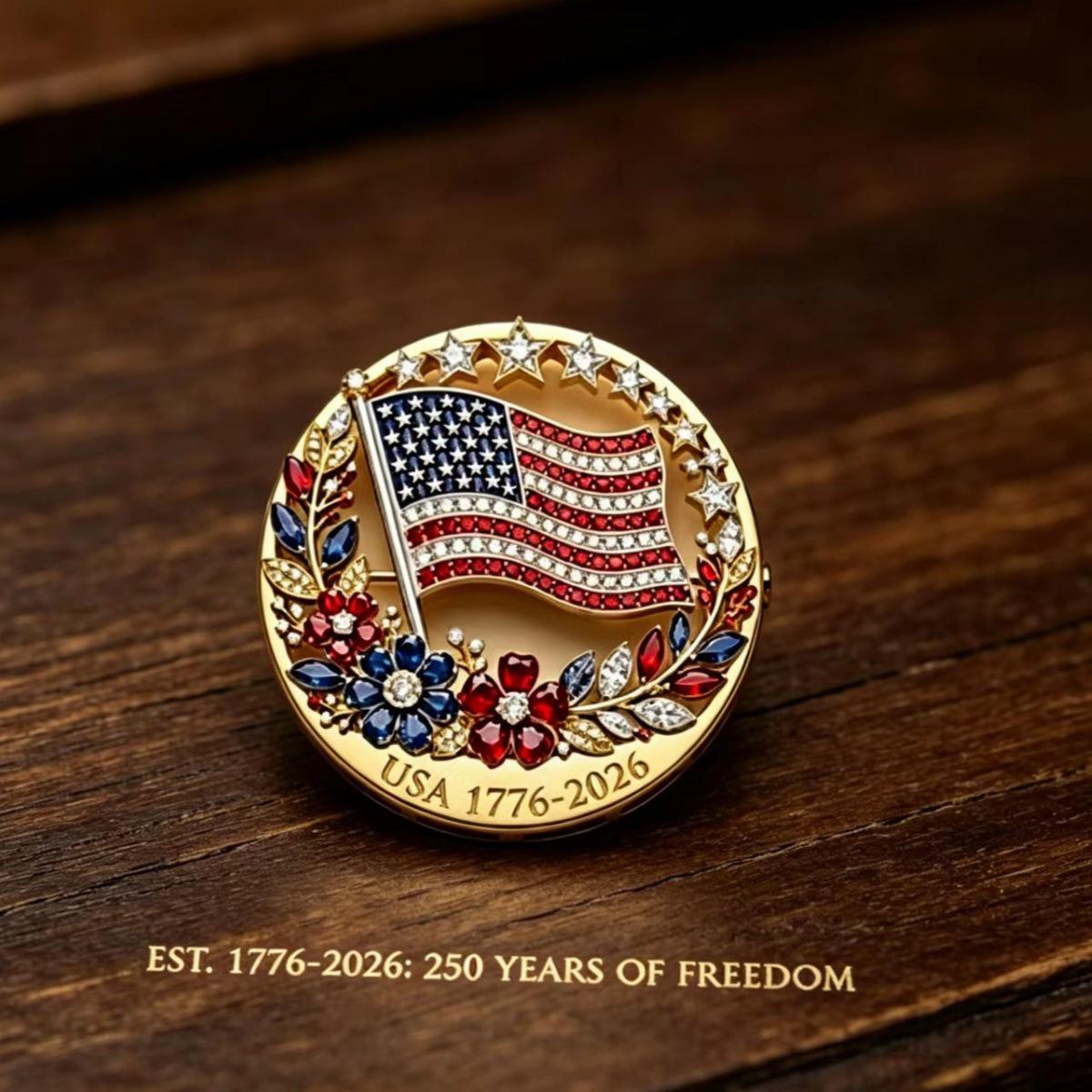 250th Anniversary Diamond-Encrusted American Flag Brooch Pin - Independence Day 1776-2026