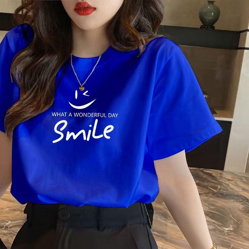 Lockeres kurzärmeliges T-Shirt Damen Reine Baumwolle Süßer Aufdruck Sommer Oberteil 4XL blau