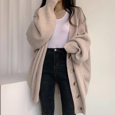 Outono Inverno Casual Decote Em V Cardigans De Malha Mulheres Suéteres Único Peito Solto Manga Lanterna Cardigan Casacos Mulheres Elegante Suéter Sólido 25468