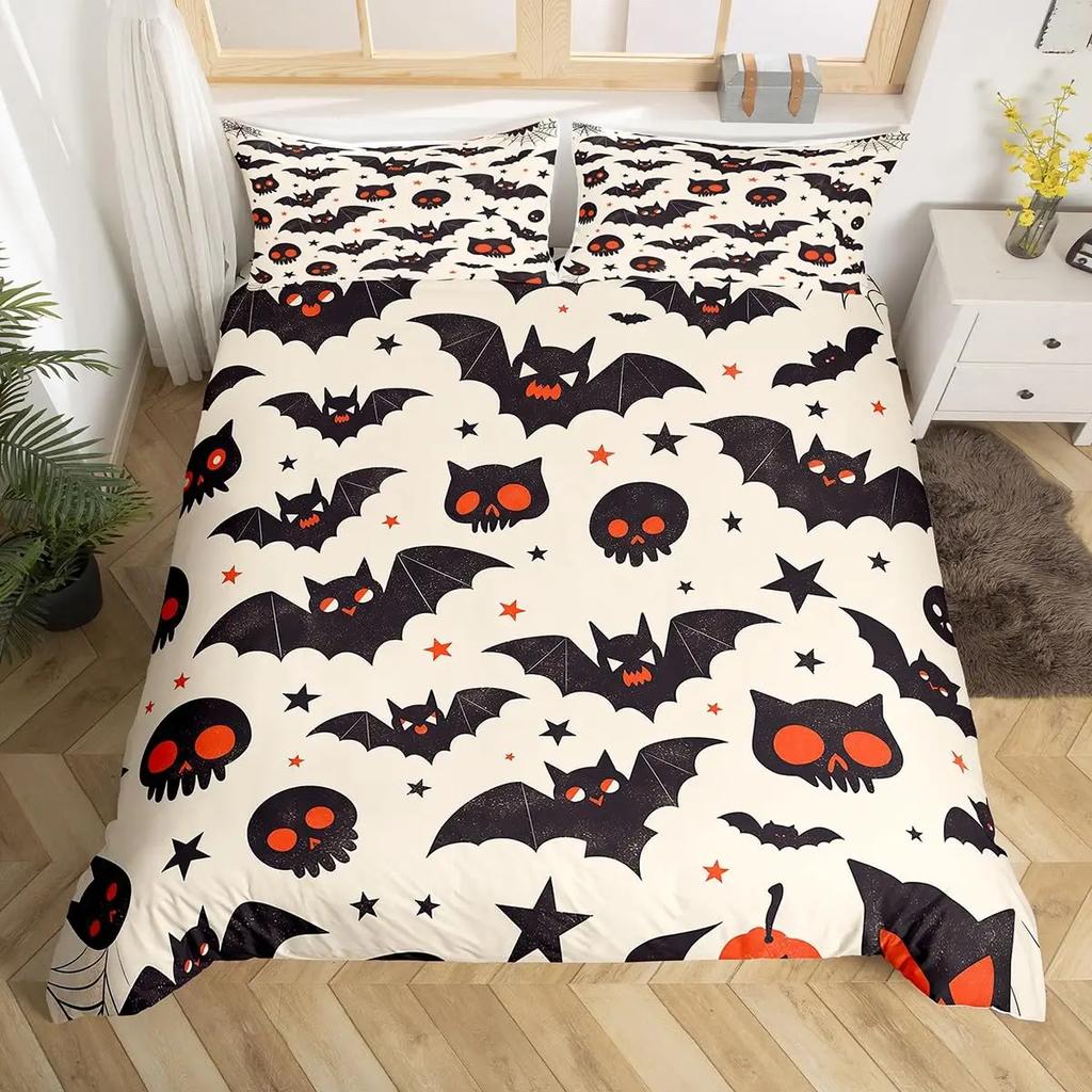 Fledermausdruck Bettbezug Twin Queen Halloween Bettwäsche-Set für Jungen Mädchen Kinder Regenbogen Bettdeckenbezug Farbverlauf Stil Raumdeko