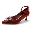 Red wedding shoes one word with pointed high heels stiletto 2025 new French medium heel single shoes white bridesmaid shoes