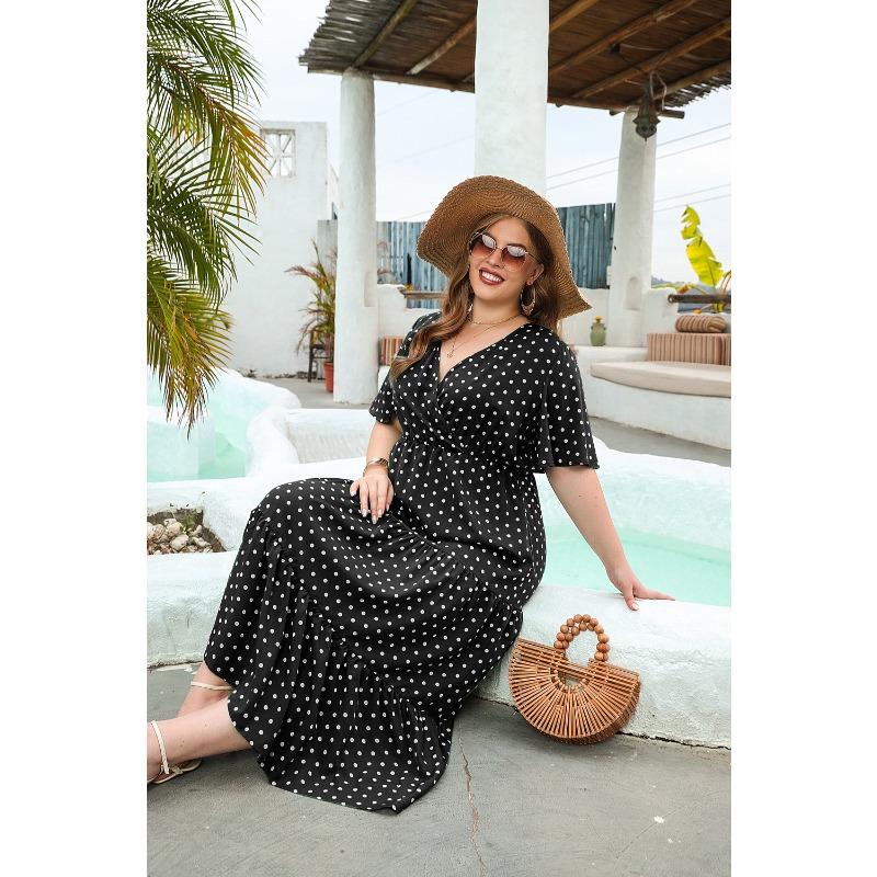 Summer Women Plus Size Polka Dot Dress Casual V-Neck Vacation Dress Elegant Loose Midi Dresses