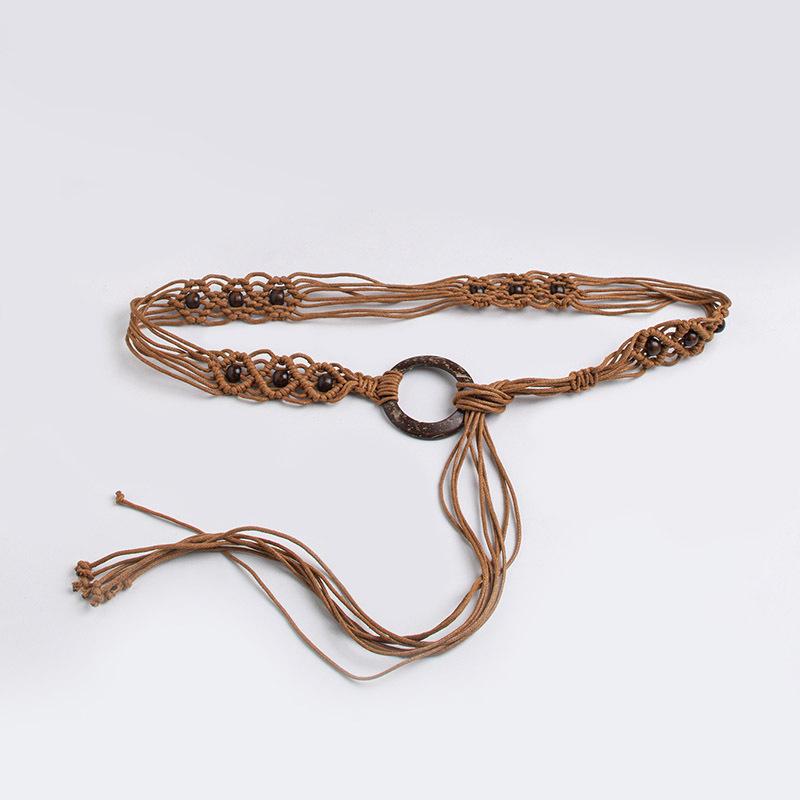 Boho Style Wax Rope Weaving Knotted Ethnic Style Handmade Wooden Beads Women's Belt Leisure Vacation Style Exquisite Waist Rope
