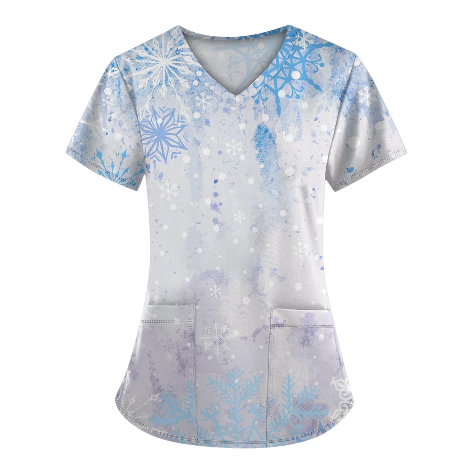 

Женская модная футболка с коротким рукавом и V-образным вырезом, карманом и рождественским принтом S