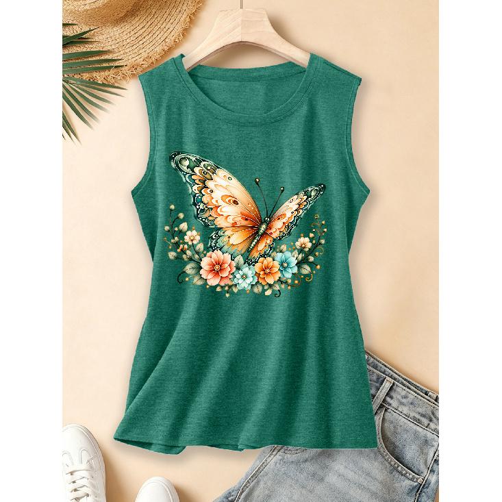 2026 Vintage Watercolor Pastoral Floral Green Butterfly Print Women Sleeveless Vest Round Neck Daily Commute Spring Summer Autumn Tank Top