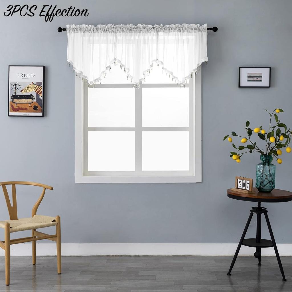 Beaded Triangle Sheer Valance Curta for Living Room,Rod Pocket Farmhouse Window Valance, Bead Trim Tassel Voile Sheer Curtain Valance for Bedroom