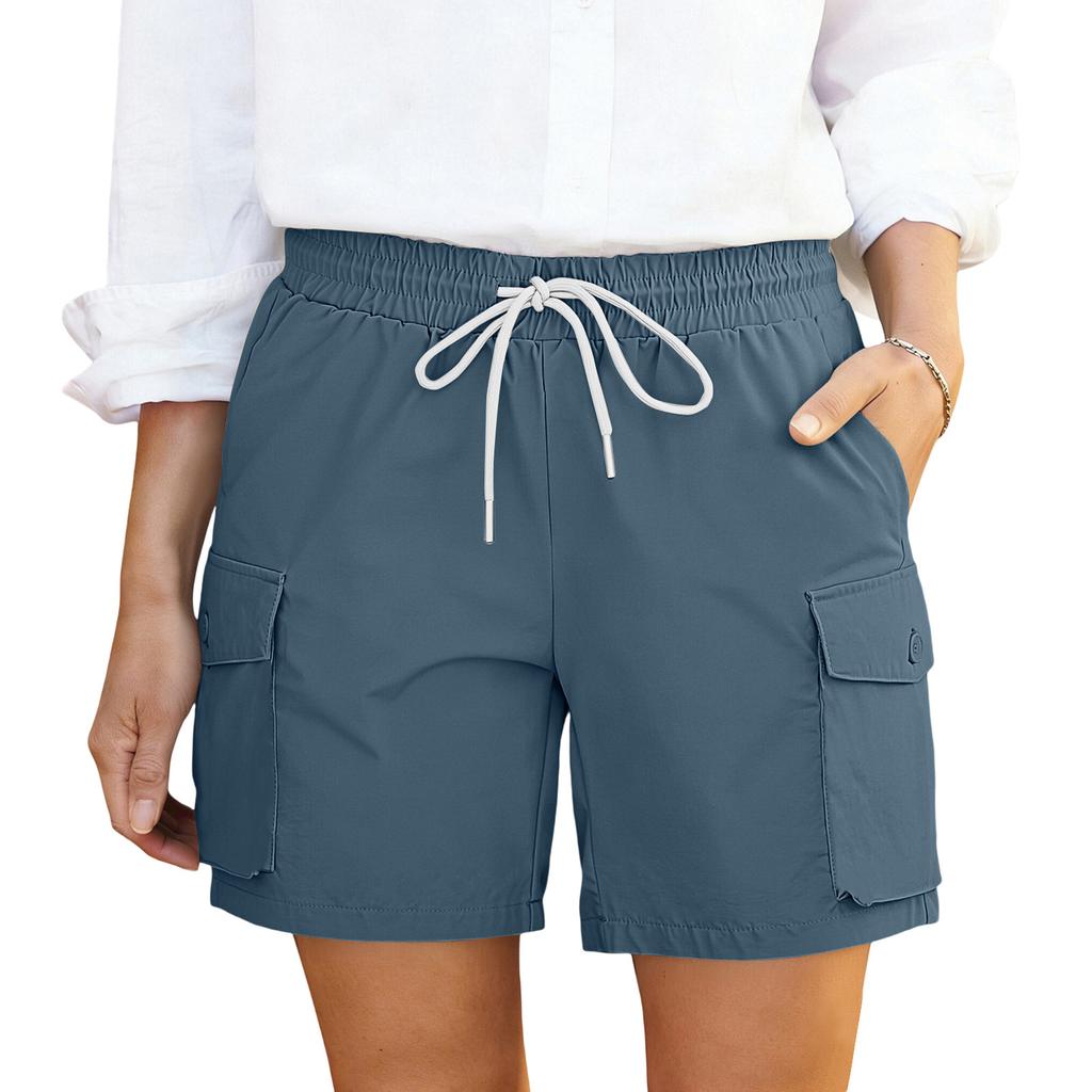 Shorts cargo décontractés pour femmes à taille à cordon avec poches Coupe décontractée Ceinture élastique Tissu léger