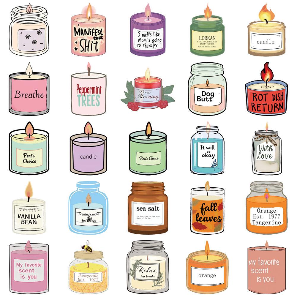 50 Fun Cartoon Candle Aroma Stickers for DIY Decor - Personalize Water Cups, 50 Sheets/Set