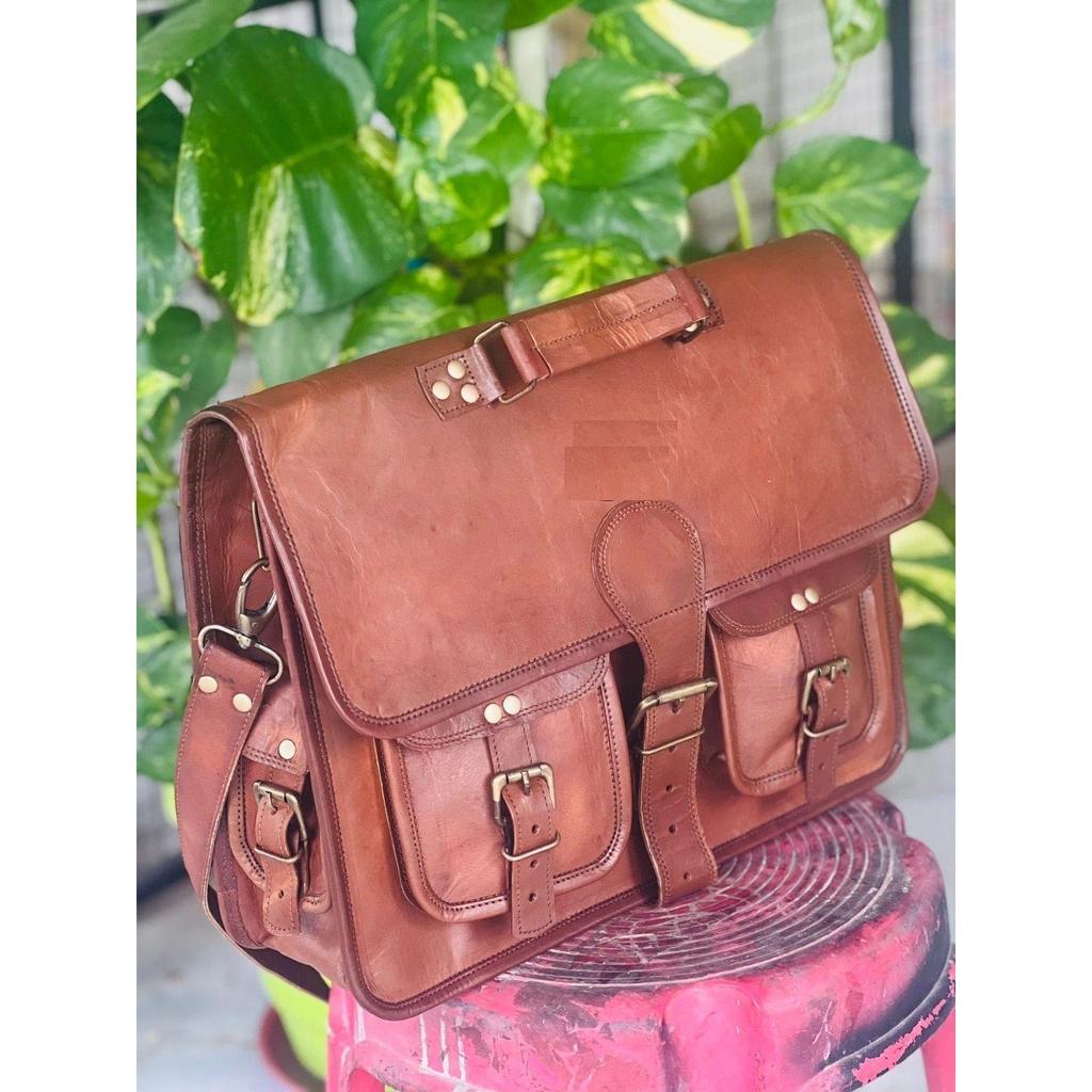 Men's Real Proacted Leather Vintage Brown Messenger Laptop Fast Forword Bag