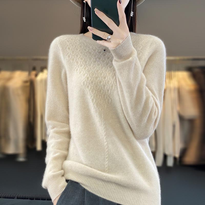 Women's Cashmere Hollow-Out Round Neck Knitted Wool Pullover Sweater