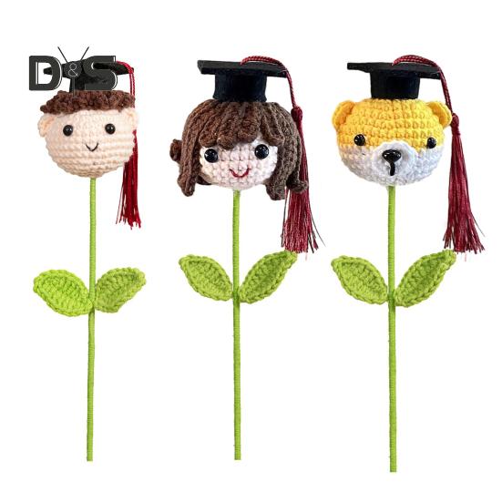 Graduates Crochet Flower Bouquet Graduation Hat Cartoon Boy Girl Dog Handmade Knitting Flower Branch Grad Parties Home Decoration