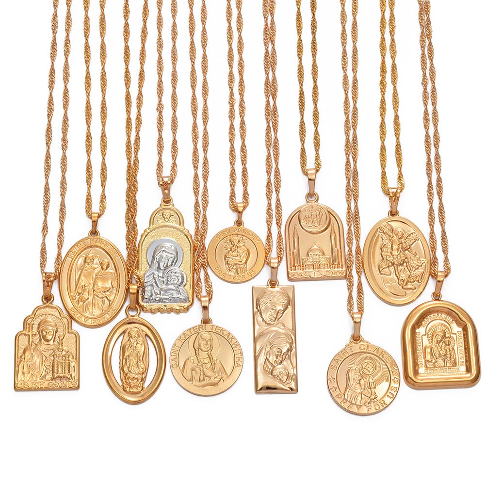Anniyo (1piece) Russia Religious Jewelry Virgin Mary Jesus Orthodox Mosque Charm Pendant Chain Necklaces Poland @@