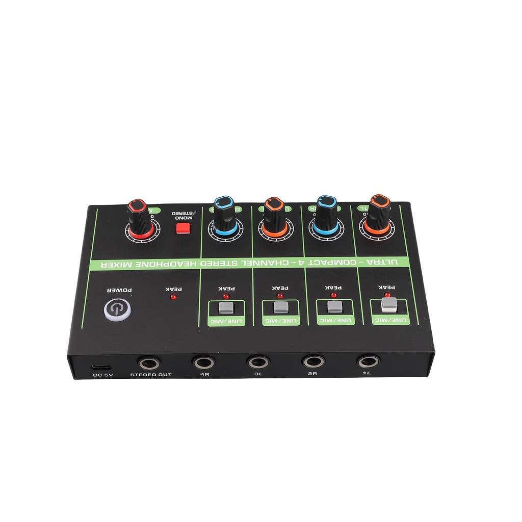 4 Channel Audio Mixer Microphone Low Noise Mono Stereo Line Mixer LINE MIC Mode Switching for Wired Microphones