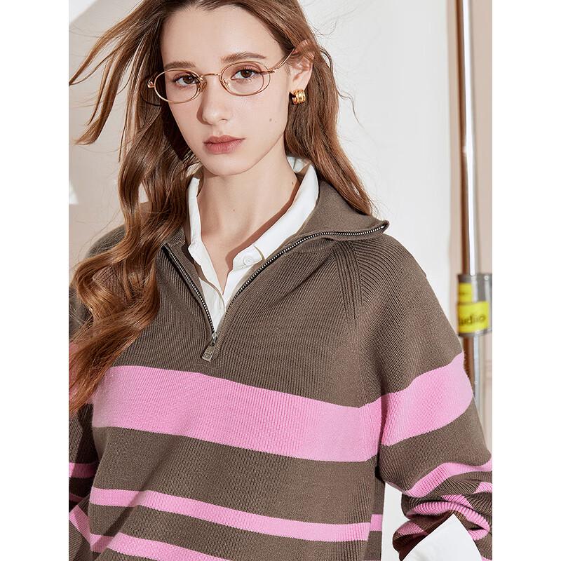 Chuyu Damen Gestreifter Reißverschluss Polokragen Langarm Strickpullover