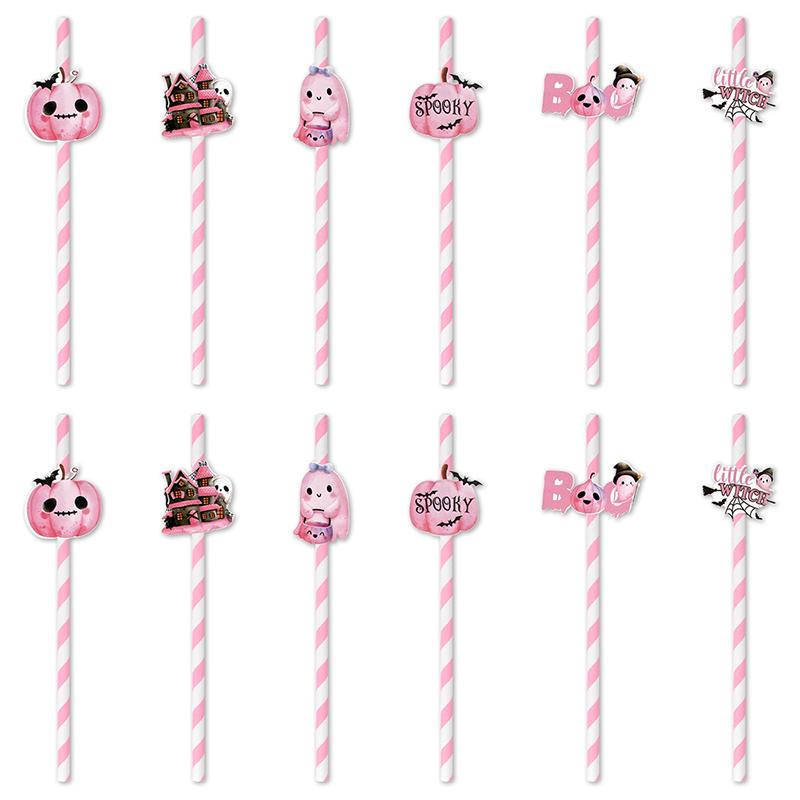 12pcs Pink Halloween Straws Ghost Skeleton Spider Drinking Paper Straws Halloween Party Decoration Trick or Treat Paper Straws