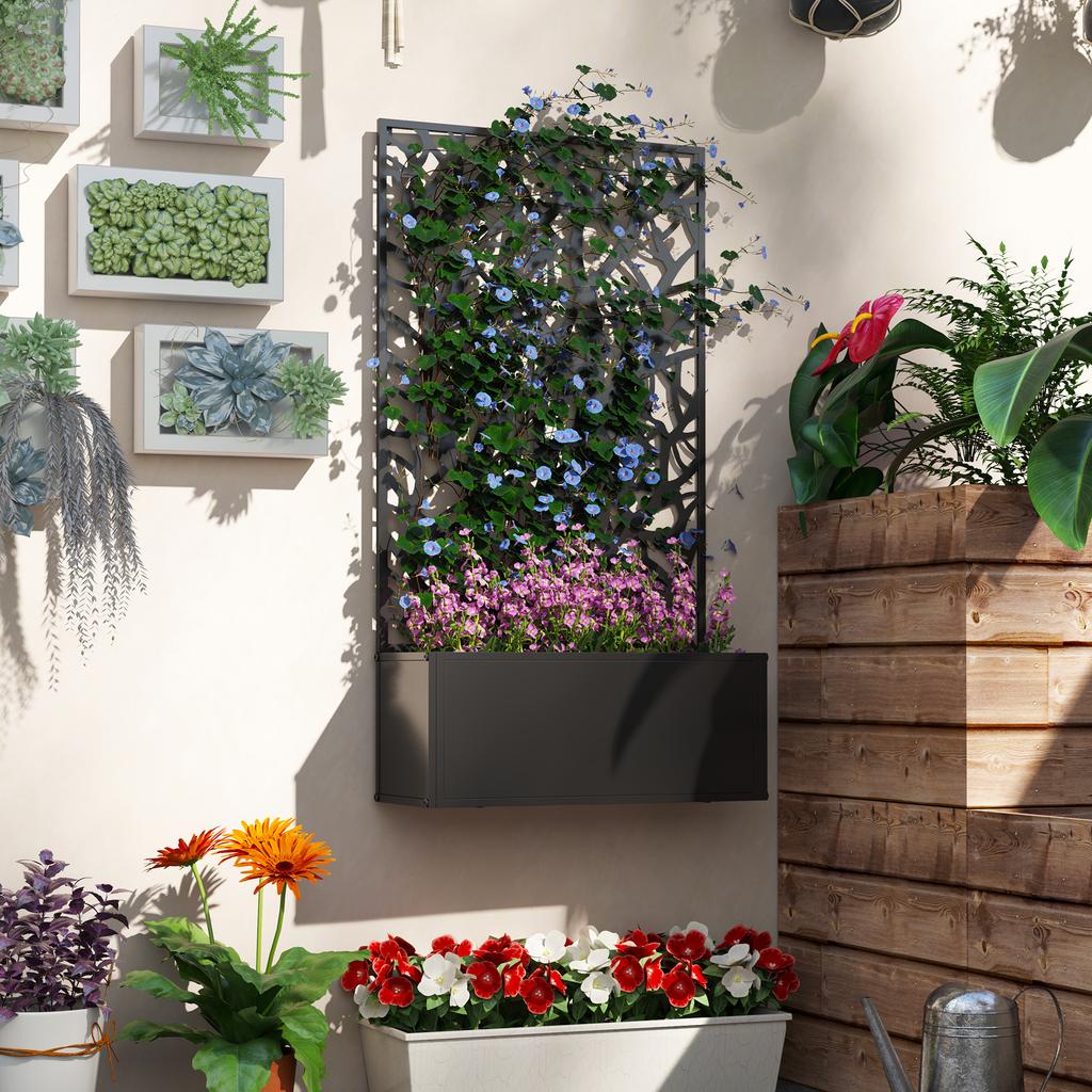 Outdoor Metal Planter, with Back Trellis - Black