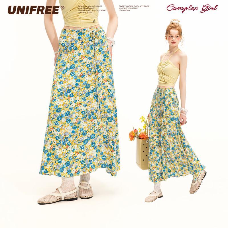 UNIFREE High-Waisted Blue Yellow Floral Print A-Line Maxi Skirt S
