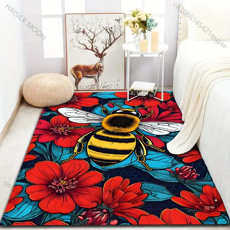 Rote Blume Biene Kreativitäts-Print Teppich für Wohnzimmer Schlafzimmer Bettseite Sofa Tisch Bodenmatte Heim Bereichsteppich Dekoration Große Größe