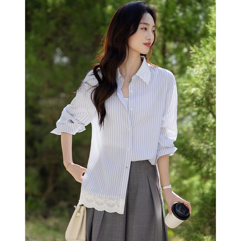 Women's Striped Lace Patchwork Double-Collar Blouse