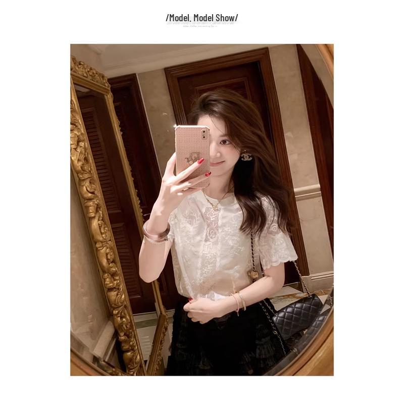 

Women s Rabbit Lace Hollow Short Sleeve T-shirt S