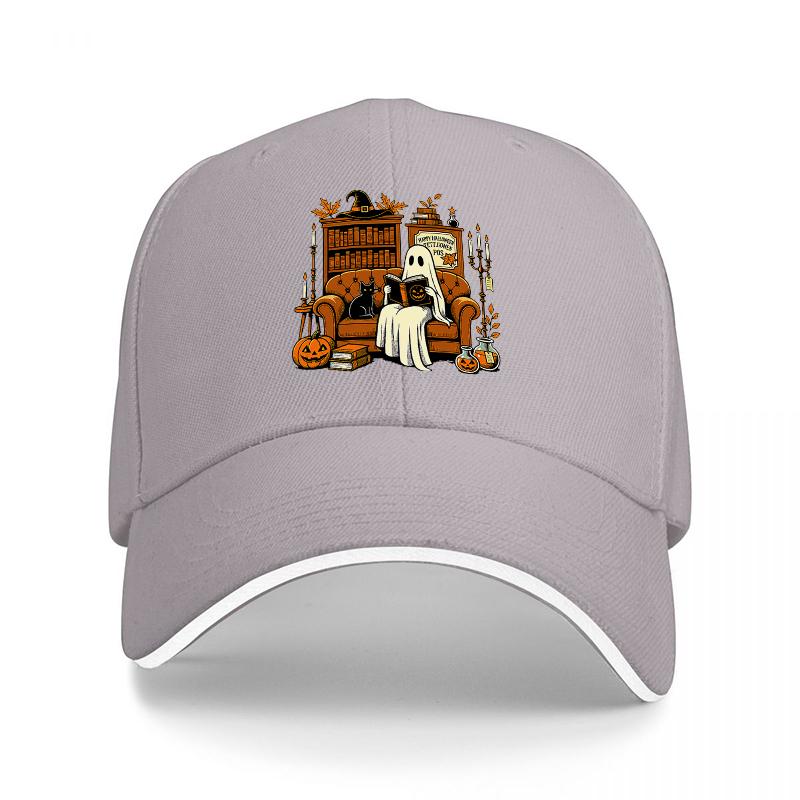 Halloween Ghost Reading Bookshelf Scene Baseball Cap Spooky Library Design Black Adjustable Hat for Adults