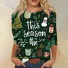 Women's Fashion Casual Round Neck Three-quarter Sleeve Christmas Print T-shirt Top