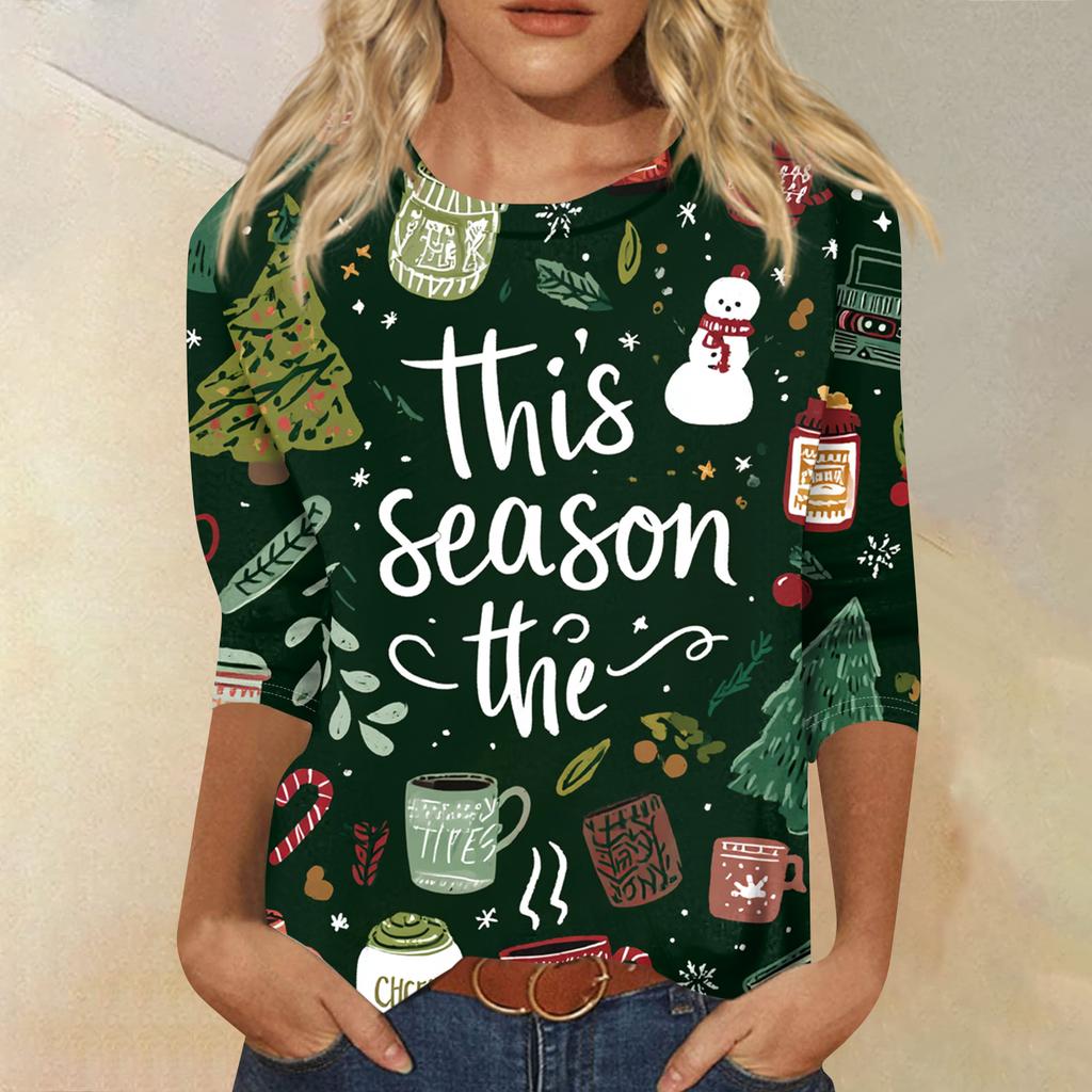 Women's Fashion Casual Round Neck Three-quarter Sleeve Christmas Print T-shirt Top