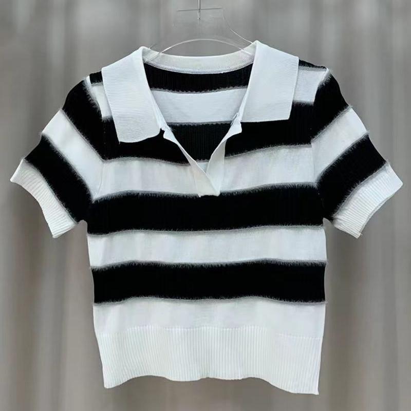 Fashion College Style Short-sleeved Knit Sweater Female Summer Color Collision Striped Thin T-shirt Tops Casual Essential Slim Fit Pullovers Tees