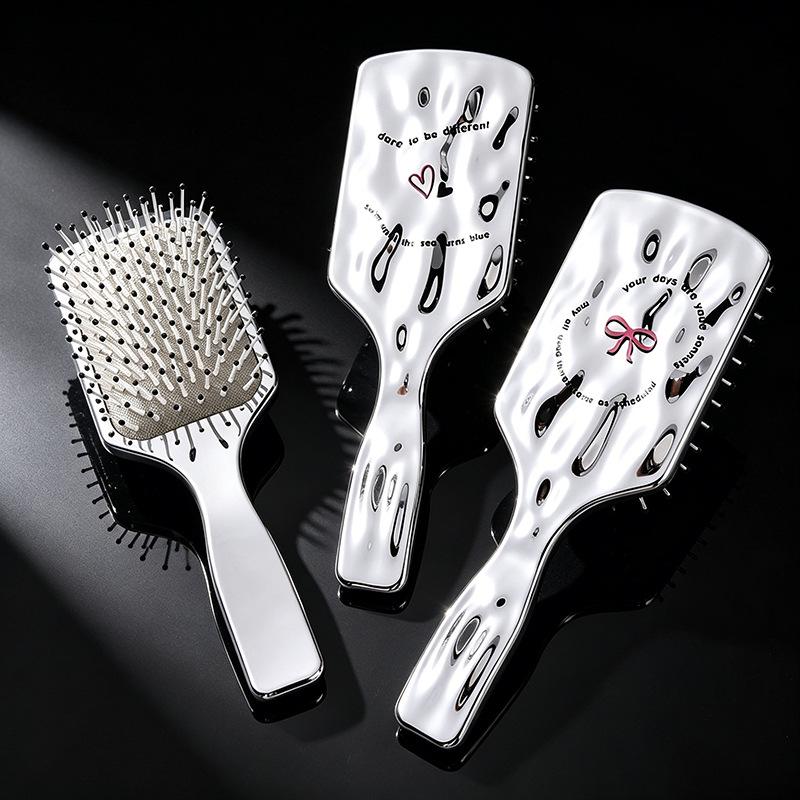 Electroplated Silver Massage Comb with Folding Mirror and Anti-Static Air Cushion – Student Girl Ins Style