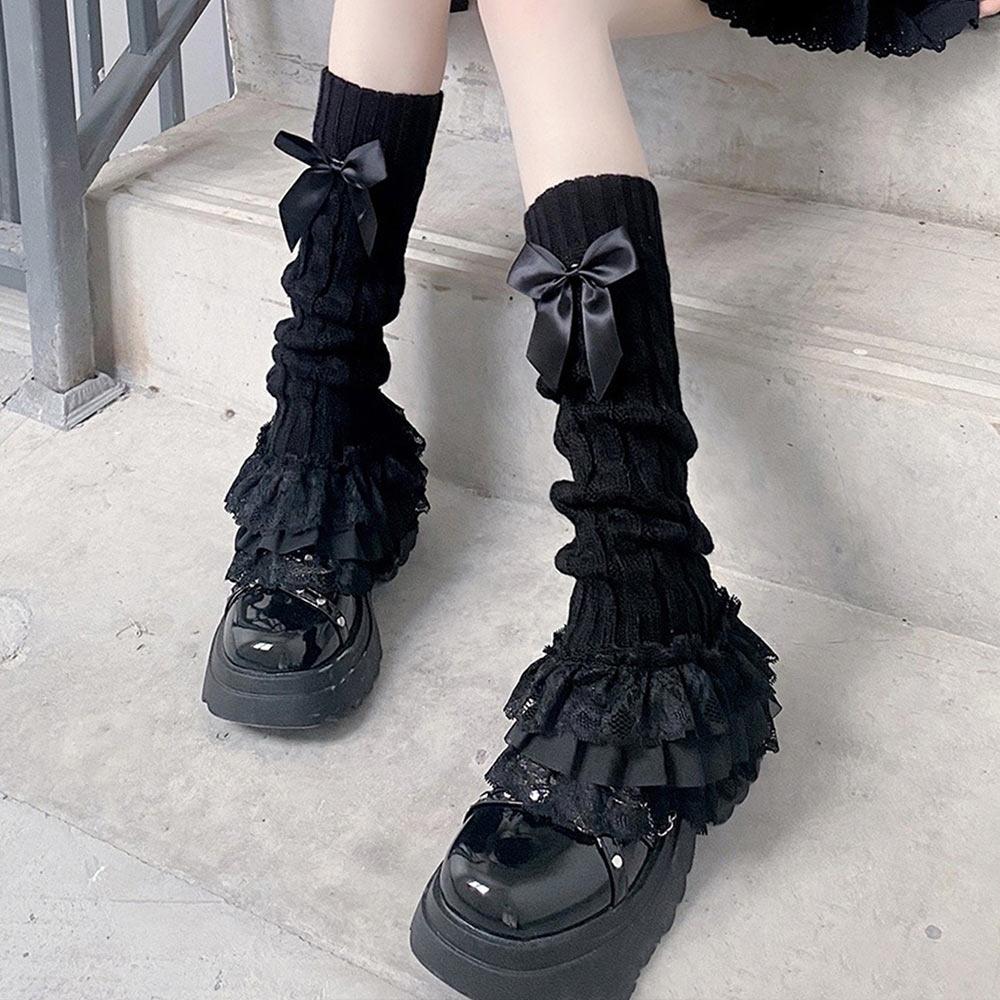 Lace Trim Lace Lolita Socks Ruffled Design Bow Tiered Socks T-shaped Lace Socks  Japanese Style чёрный