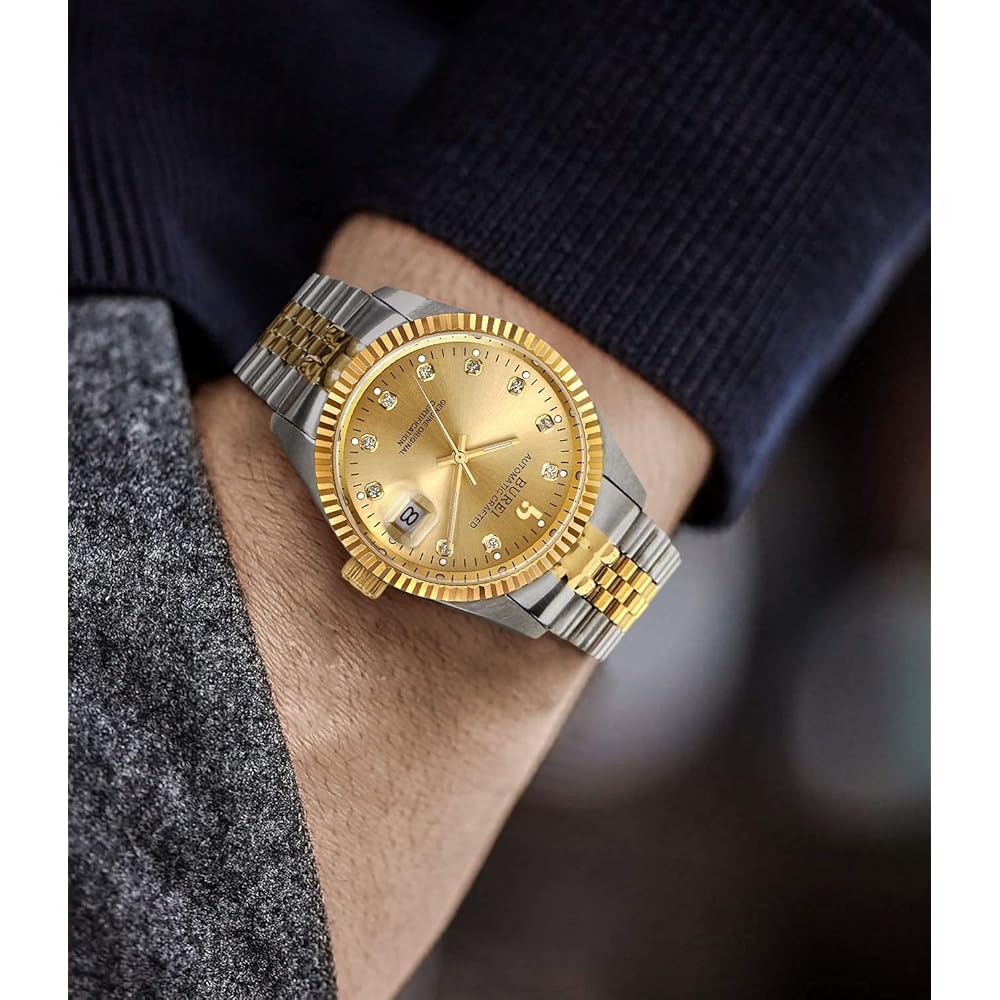BUREI Men's Automatic Waterproof Analog Watch Gold Simple Stylish Business Timepiece