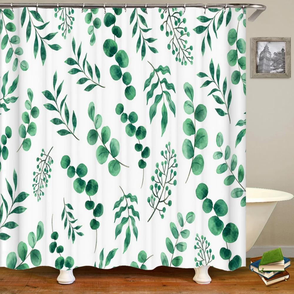 Green Plant Leaves Printed Shower Curtains Waterproof Polyester Curtain with Hook Decoration Bathroom Curtains 3D Shower Curtain
