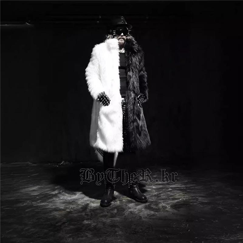 Men Two Tone Faux Fur Long Coat Open Front Fluffy Warm Winter Luxury Plush Overcoat With Pockets