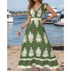 New Summer Holiday Style Printed V-neck Waist Short-sleeved Dress Holiday Long Dress