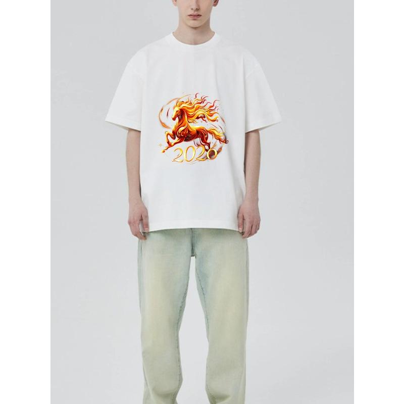 Black T Shirt With Flame Horse And 2026 Print For Casual Wear