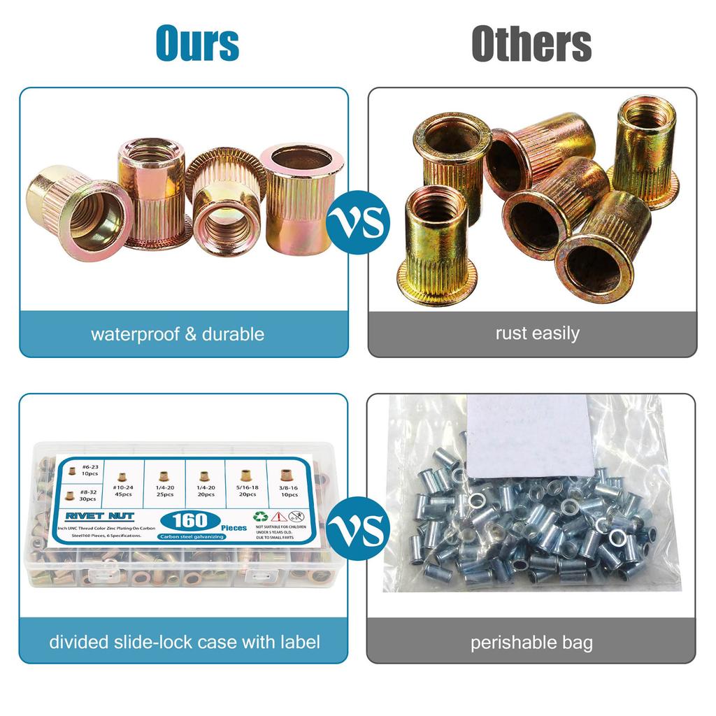 160pcs Boxed Galvanized Carbon Steel Flat Head Threaded (6 Sizes)